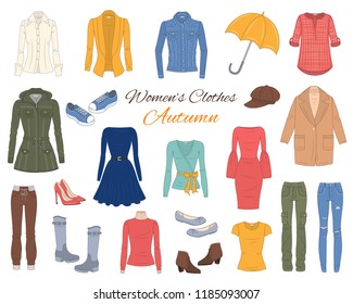 Female fashion set. Women's clothes collection. Autumn outfit: jeans jacket, coat, cardigan, dress, ripped jeans, blazer, blouse, boots and sneakers,  vector illustration.