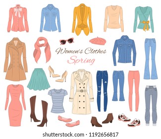 Female fashion set. Women's clothes collection. Spring outfit: dress, jeans, pants, tops, jeans jacket, trench coat, cardigan, blouse, french beret, boots and sneakers, vector illustration.