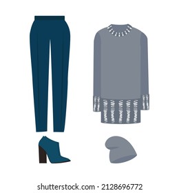 Female fashion set. Women's clothes collection. Spring outfit dresses, jeans, tops, blazers, leather jacket, trench coat, cardigans, boots and sneakers, vector illustration