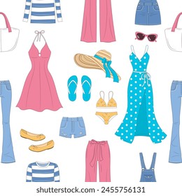 Female fashion set, women's clothes collection, Summer outfit, vector seamless background pattern