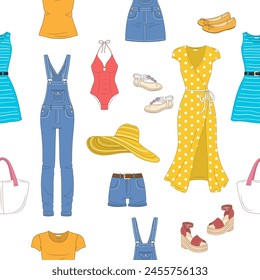 Female fashion set, women's clothes collection, Summer outfit, vector seamless background pattern