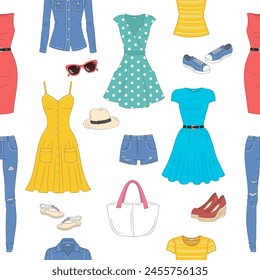 Female fashion set, women's clothes collection, Summer outfit, vector seamless background pattern