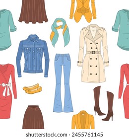 Female fashion set, women's clothes collection, fashionable outfit, vector seamless background pattern