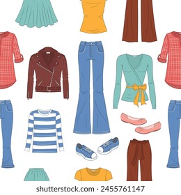 Female fashion set, women's clothes collection, fashionable outfit, vector seamless background pattern