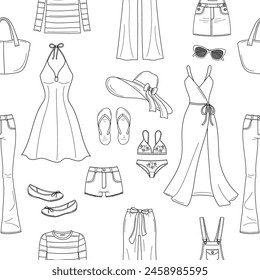 Female fashion set, women's clothes collection, line illustrations, summer outfit, vector seamless background pattern