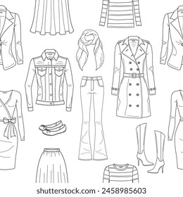 Female fashion set, women's clothes collection, line illustrations, fashionable outfit, vector seamless background pattern