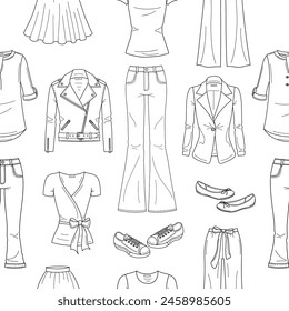 Female fashion set, women's clothes collection, line illustrations, fashionable outfit, vector seamless background pattern