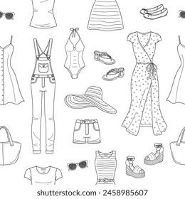 Female fashion set, women's clothes collection, line illustrations, summer outfit, vector seamless background pattern