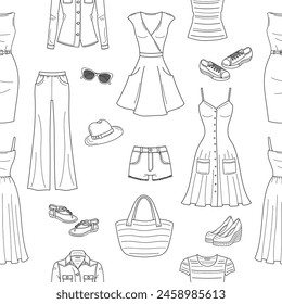 Female fashion set, women's clothes collection, line illustrations, summer outfit, vector seamless background pattern