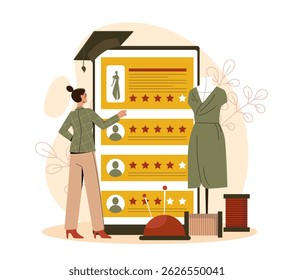 Estudante de moda feminina avaliando classificações de design de vestido em uma tela grande, cercado por ferramentas de alfaiataria e manequim, estilo plano em fundo branco. Conceito de educação da moda. Ilustração vetorial