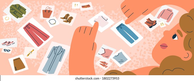 Female fashion stylist choose pictures with clothing or collect sets of clothes vector flat illustration. Woman making combination of basic apparel. Capsule wardrobe concept. Modern feminine outfit