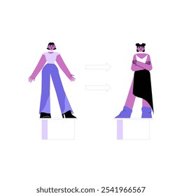 Female Fashion Transformation With Two Different Outfits In Flat Vector Illustration Symbolizing Style, Trend Evolution, And Self Expression, Isolated On White Background