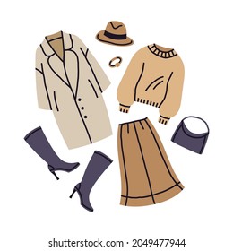 Female fashion trendy outfit. Modern beige tones casual look, spring or fall trendy outfit with coat and heeled boots cartoon vector illustration. Trendy female wardrobe outfit