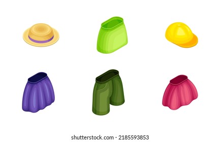 Female fashionable clothes set. Skirt, shorts, baseball cap, straw hat vector illustration