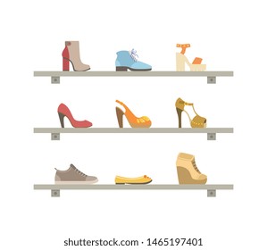 Female Fashionable Footwear on Shelves, Shoes Store Interior Vector Illustration