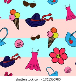Female fashionable seamless pattern with hat, ice cream, shells, dress, bag, glasses and flower on a striped, vintage background for fabric, wallpaper, wrapping paper, cover design