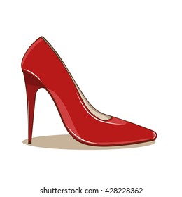 Female fashionable shoe, high spike heel, pointed toecap. Bright red. Vector illustration, isolated on white background. Cartoon style with lights and shadows.