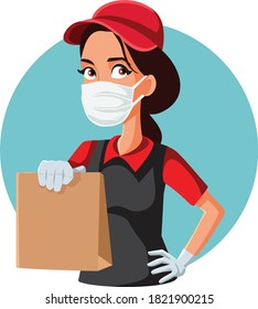 Female Fast Food Worker Wearing Protective Mask And Gloves. Courier From Catering Service Delivering Meal In Paper Package
