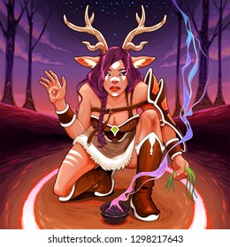 Female Faun is making an healing ritual in the wood. Vector fantasy illustration