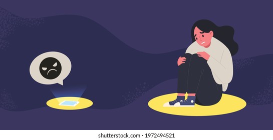 Female fear of hateful comments on social media. Concept of hate speech, critic, toxic comment, negative feeling, suffering from cyberbullying, depression. Flat vector illustration character.