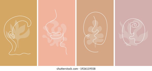 Las características femeninas son lineales continuas en un conjunto de carteles de estilo boho. Cubierta moderna en colores apagados. Ilustración vectorial. Oído, labios, nariz en áreas separadas