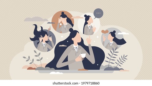 Female feelings as different mood and emotion changes tiny person concept. Woman behavior expression with mental personality types vector illustration. Psychological bipolar thoughts collection scene.