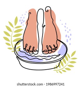 Female feet in the bath for cleaning. Heel care, spa procedure. Pedicure procedure banner. Pleasant atmosphere with plant leaves. Minimalistic style, line art, isolated on white background. Vector.