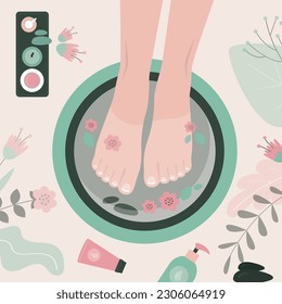 Female feet at bath with water during pedicure aroma. Woman foot beauty care procedure surrounded by cosmetology tools. Hygiene spa relax process. Spa procedures, pedicure and manicure, top view.