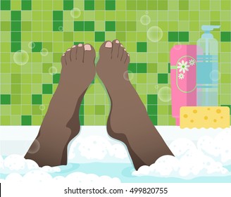 Female feet in bathroom, color vector illustration. Black woman take a bath with foam, first-person view.