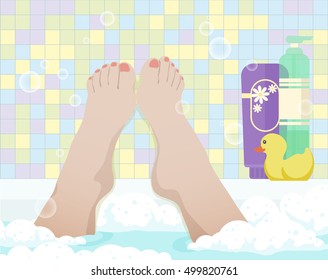 Female feet in bathroom, color vector illustration. Woman take a bath with foam, first-person view.