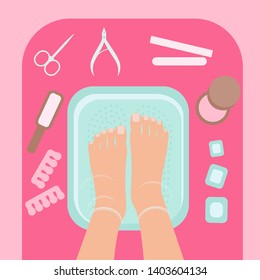 Female feet in blue water bowl, top view. Spa procedures, beauty salon, pedicure. Pedicure tools. Vector illustration