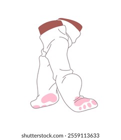 Female feet in cute socks with cat paw pads. Woman stands on toes wearing a pair of long cotton stockings. Lovely hosiery on legs back view. Flat isolated vector illustration on white background