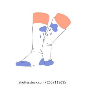 Female feet in cute socks with cloud pattern. Woman wearing long cotton stocking front view. Human legs in hosiery, clothes stand on toes. Flat isolated vector illustration on white background