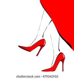 Female feet in high-heeled shoes. Draft plan for footwear advertising. Vector illustration
