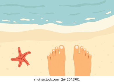 female feet on the tropical beach and star fish, top view; perfect for summer-themed designs, travel agency promotions, orsocial media posts evoking a relaxed seaside vibe - vector illustration