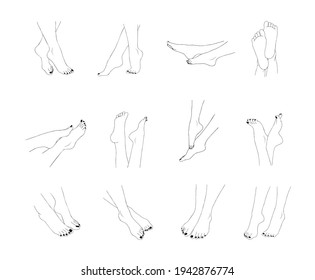 Female feet outline isolated on white background. Pedicure concept. Vector Illustration of elegant woman legs in a trendy lineart style. Design element for web icons, nail studio or spa salon logo.