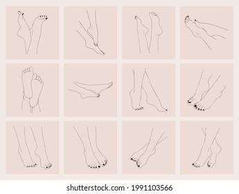 Los pies femeninos se delinean aislados en el fondo blanco. Concepto de pedicura. Ilustración vectorial de las elegantes piernas femeninas en un estilo de lino de moda. Elemento de diseño para iconos web, estudio de uñas o logotipo de salón de spa.