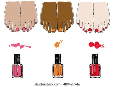 Female feet with pedicure. Hand drawn vector illustration. Beauty sketching