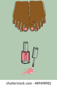 Female feet with pedicure. Hand drawn vector illustration. Beauty sketching