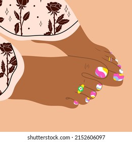 Female feet with pedicured nails and ring. Top view. Feet with bright cool colorful Pedicure. Spa, nail treatment, beauty concept. Hand drawn colored modern Vector illustration