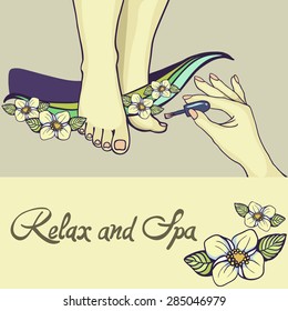 Female feet with pink pedicure and hand with nail brush - vector illustration