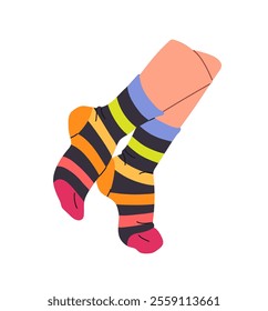 Female feet in rainbow socks on tiptoes side view. Woman stands on toes wearing striped cotton stockings. Cute colourful hosiery on legs. Flat isolated vector illustration on white background