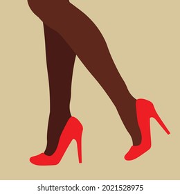 Female feet in red high-heeled shoes, dark-skinned feet in fashionable shoes, elegant shoes for events, flat vector illustration