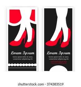 Female feet with red shoes. Set of two vector banners. For printing and web design. Modern trendy flat illustration. Corporate card design. For women's fashion stores, beauty saloon and websites