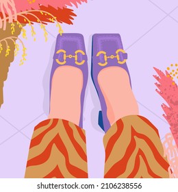Female feet selfie in fashion trendy purple shoes with gold accessories and pants with tiger print. Woman in beauty salon, cafe. Trendy neon aesthetic. Self-care concept. Isolated vector illustration
