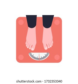 Female feet stand on floor scales. Girl is weighed. Flat vector illustration.