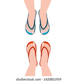 Female feet in summer sandals, flp flop. Group of people facing each other. Shoes, top view. Vector illustration