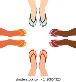 Female feet in summer sandals, flp flop. Group of people facing each other. Shoes, top view. Vector illustration