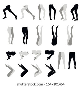 Weibliche Füße Strumpfhosen Leggings Silhouette schwarze Varianten einzeln auf weißem Hintergrund Vektorillustration.