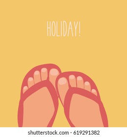 female feet Vector with a in a flip-flops in the summer illustration with starfish. good moment flat design style for a relaxing woman. Enjoying the summer in the beach on a orange background